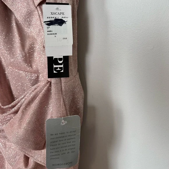 XSCAPE EVENINGS Blush / Silver Ruffle Off the Shoulder Foil Knit Trumpet Gown - Picture 7 of 11